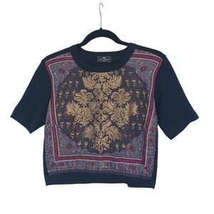 Etro Milano Womens Wool Silk Scarf Print Short Sleeve Knit Top Black Gold Italy